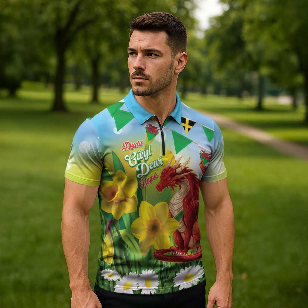 Wales Saint David's Day Zipper Polo Shirt Dydd Gwyl Dewi Hapus Dragon Daffodil - Wonder Print Shop