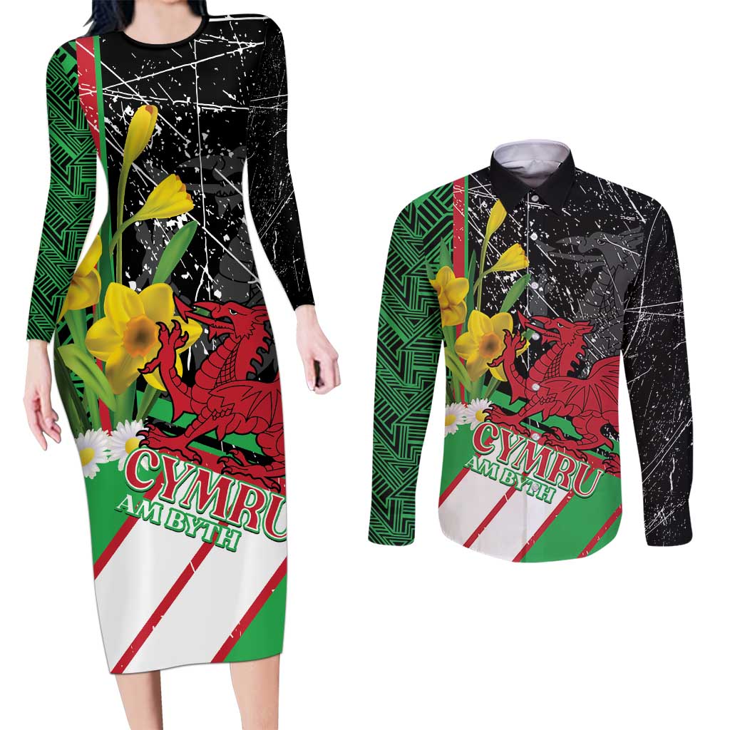 Wales Saint David's Day Couples Matching Long Sleeve Bodycon Dress and Long Sleeve Button Shirt Cymru Am Byth Welsh Dragon - Wonder Print Shop