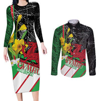 Wales Saint David's Day Couples Matching Long Sleeve Bodycon Dress and Long Sleeve Button Shirt Cymru Am Byth Welsh Dragon - Wonder Print Shop