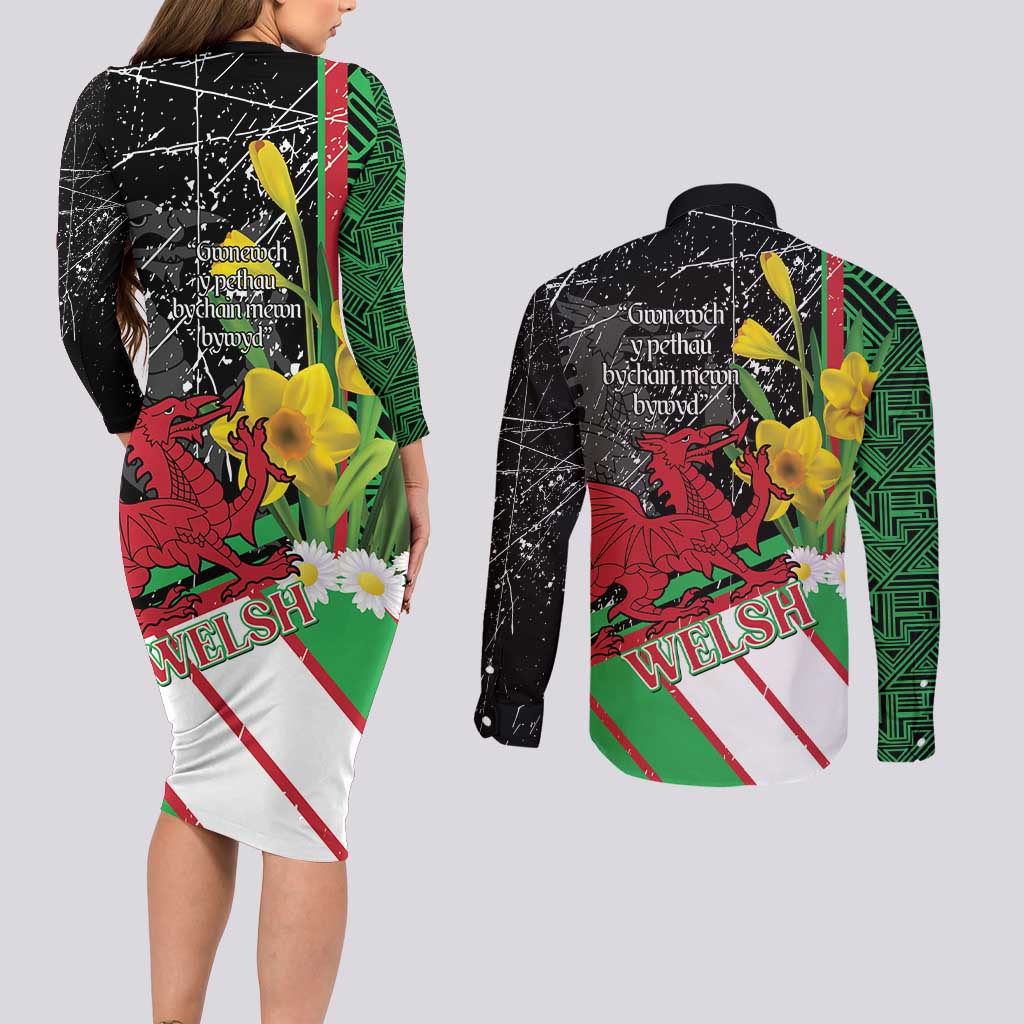 Wales Saint David's Day Couples Matching Long Sleeve Bodycon Dress and Long Sleeve Button Shirt Cymru Am Byth Welsh Dragon - Wonder Print Shop