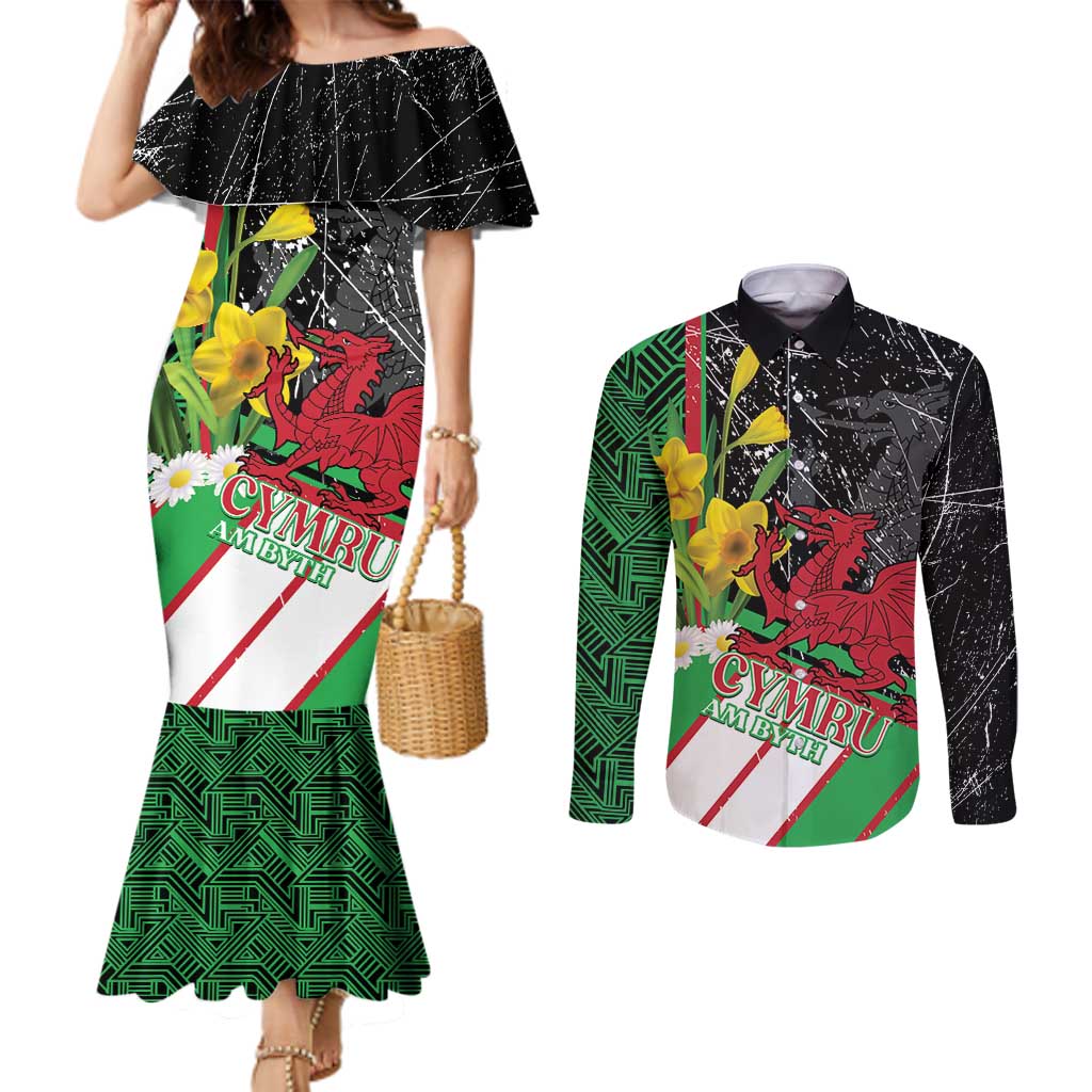Wales Saint David's Day Couples Matching Mermaid Dress and Long Sleeve Button Shirt Cymru Am Byth Welsh Dragon - Wonder Print Shop