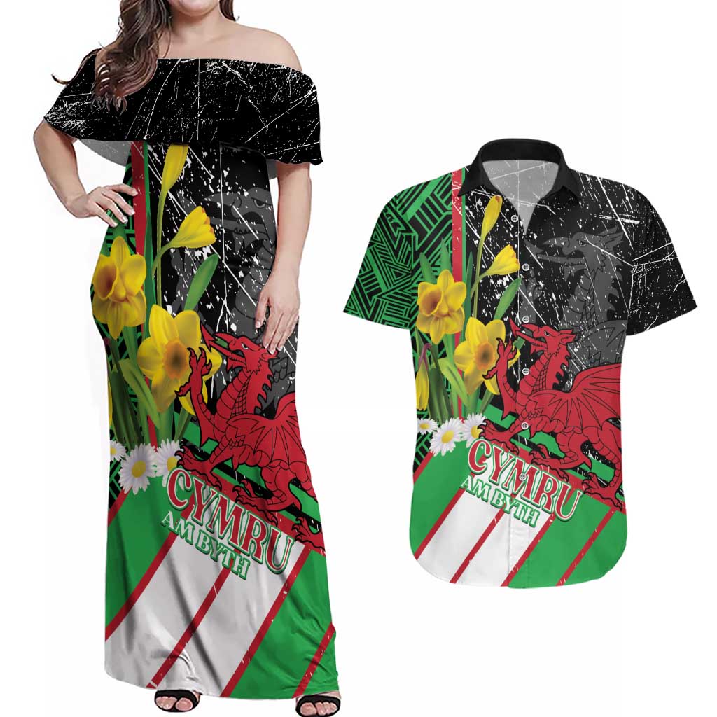Wales Saint David's Day Couples Matching Off Shoulder Maxi Dress and Hawaiian Shirt Cymru Am Byth Welsh Dragon - Wonder Print Shop