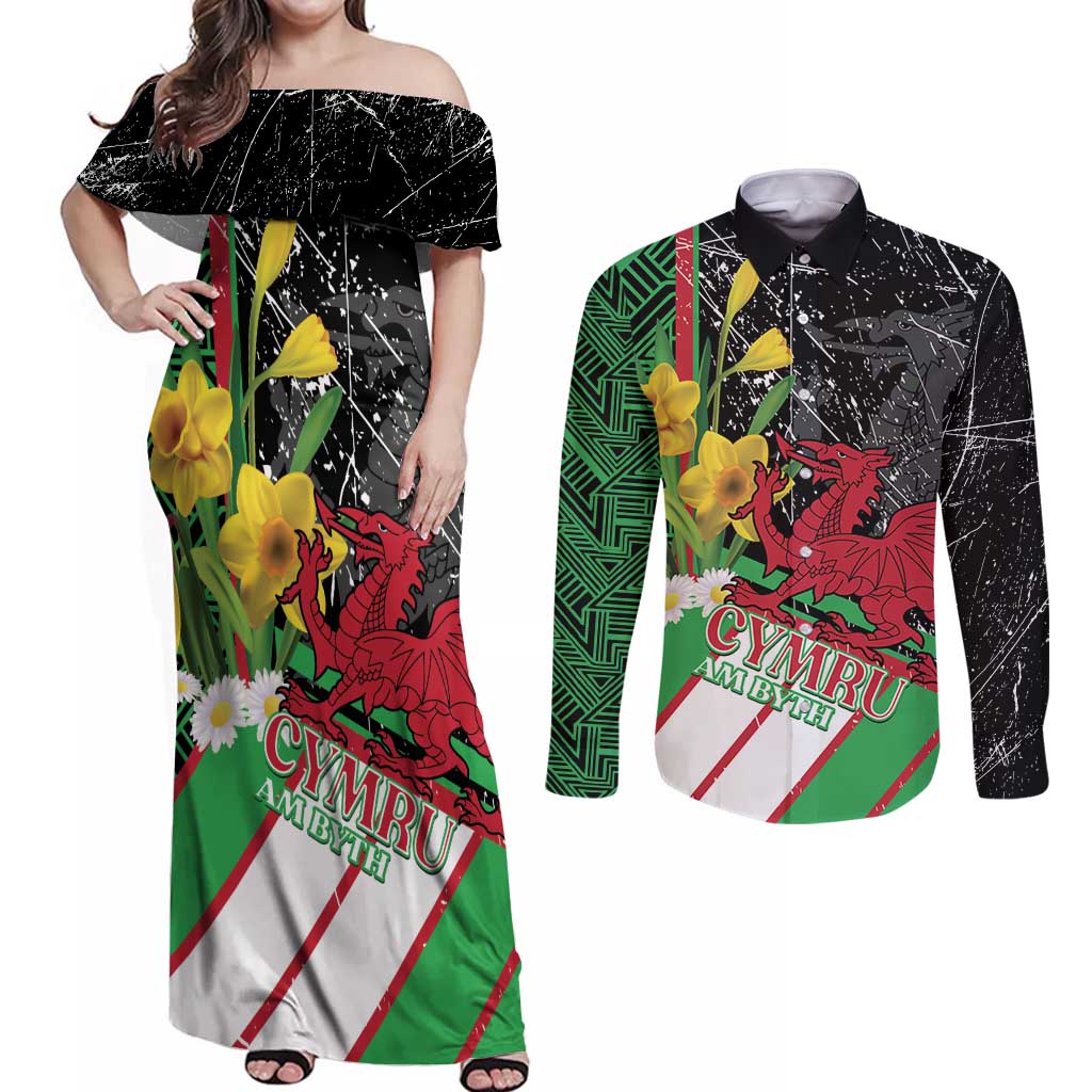 Wales Saint David's Day Couples Matching Off Shoulder Maxi Dress and Long Sleeve Button Shirt Cymru Am Byth Welsh Dragon - Wonder Print Shop
