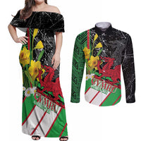 Wales Saint David's Day Couples Matching Off Shoulder Maxi Dress and Long Sleeve Button Shirt Cymru Am Byth Welsh Dragon - Wonder Print Shop