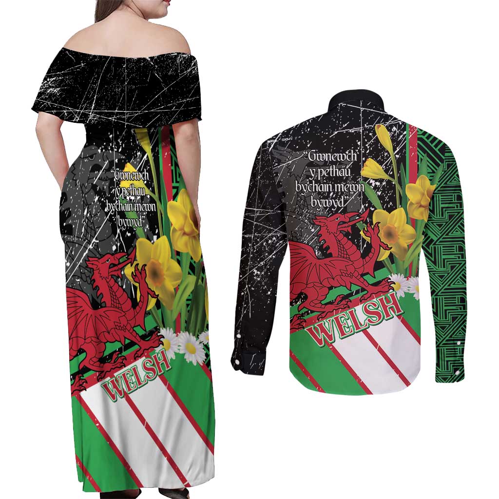 Wales Saint David's Day Couples Matching Off Shoulder Maxi Dress and Long Sleeve Button Shirt Cymru Am Byth Welsh Dragon - Wonder Print Shop