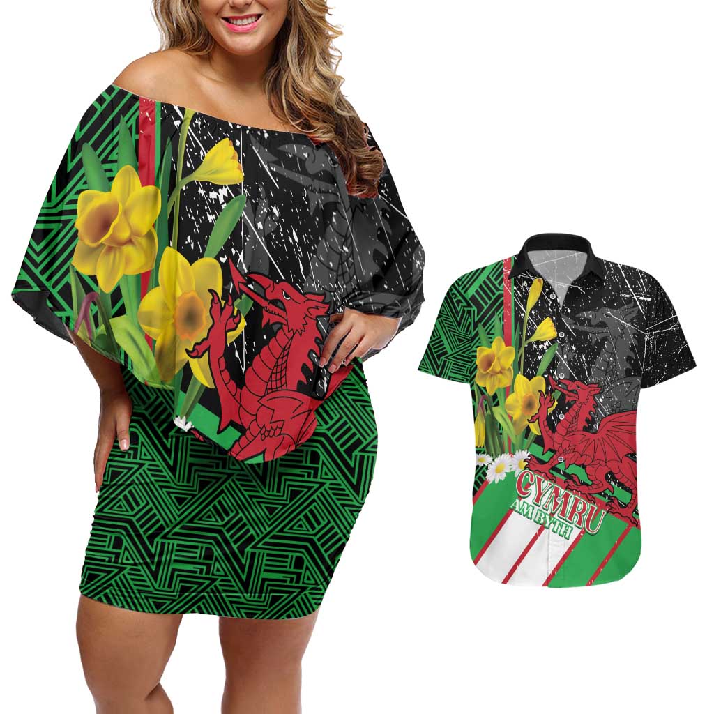 Wales Saint David's Day Couples Matching Off Shoulder Short Dress and Hawaiian Shirt Cymru Am Byth Welsh Dragon - Wonder Print Shop