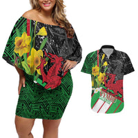 Wales Saint David's Day Couples Matching Off Shoulder Short Dress and Hawaiian Shirt Cymru Am Byth Welsh Dragon - Wonder Print Shop