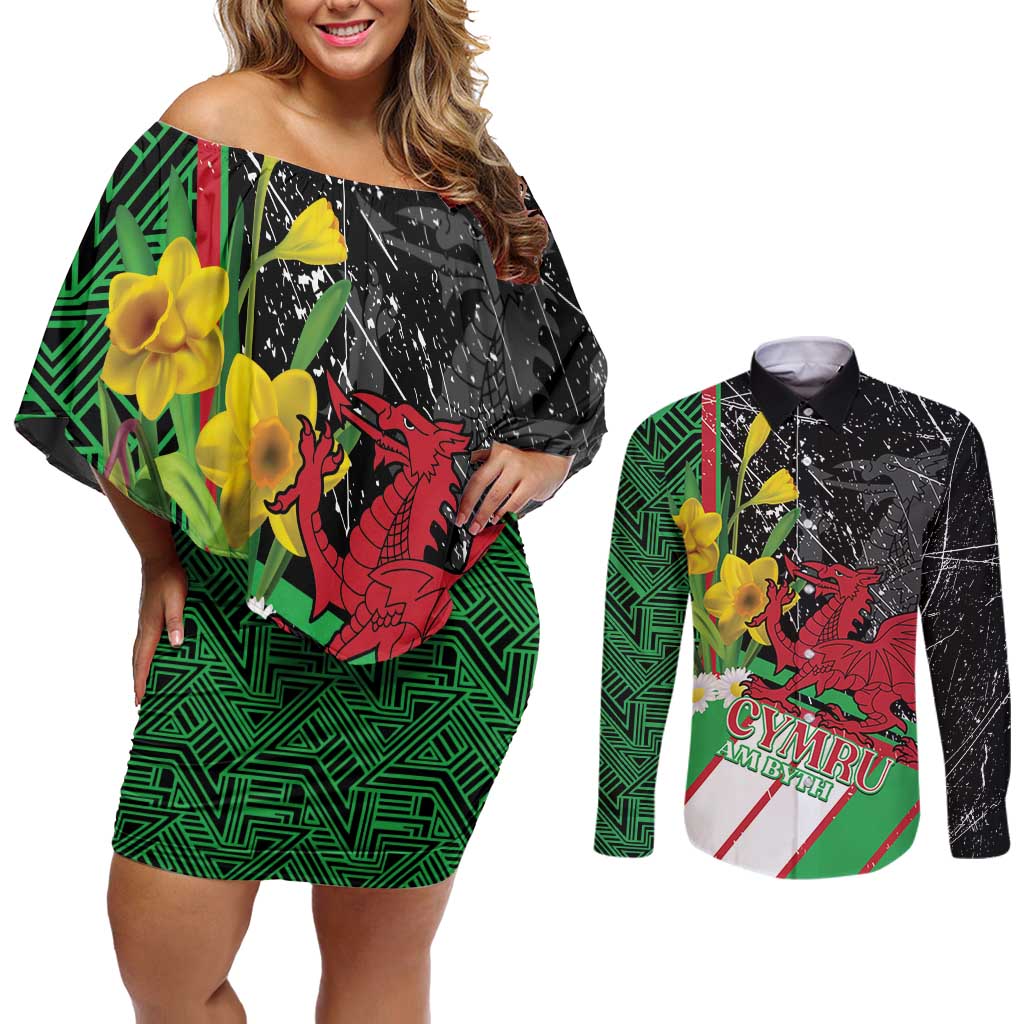 Wales Saint David's Day Couples Matching Off Shoulder Short Dress and Long Sleeve Button Shirt Cymru Am Byth Welsh Dragon - Wonder Print Shop