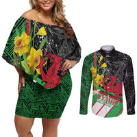 Wales Saint David's Day Couples Matching Off Shoulder Short Dress and Long Sleeve Button Shirt Cymru Am Byth Welsh Dragon - Wonder Print Shop