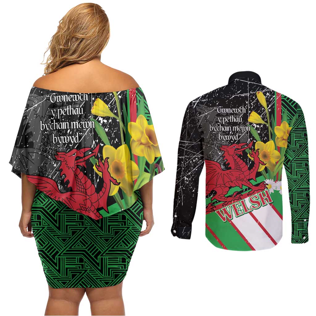 Wales Saint David's Day Couples Matching Off Shoulder Short Dress and Long Sleeve Button Shirt Cymru Am Byth Welsh Dragon - Wonder Print Shop