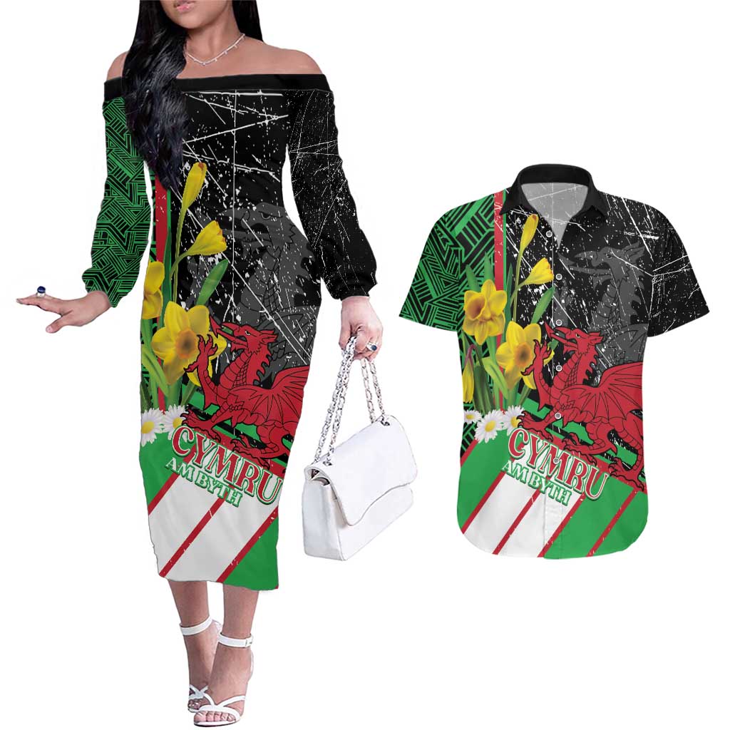 Wales Saint David's Day Couples Matching Off The Shoulder Long Sleeve Dress and Hawaiian Shirt Cymru Am Byth Welsh Dragon - Wonder Print Shop