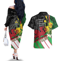 Wales Saint David's Day Couples Matching Off The Shoulder Long Sleeve Dress and Hawaiian Shirt Cymru Am Byth Welsh Dragon - Wonder Print Shop