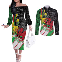 Wales Saint David's Day Couples Matching Off The Shoulder Long Sleeve Dress and Long Sleeve Button Shirt Cymru Am Byth Welsh Dragon - Wonder Print Shop