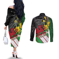 Wales Saint David's Day Couples Matching Off The Shoulder Long Sleeve Dress and Long Sleeve Button Shirt Cymru Am Byth Welsh Dragon - Wonder Print Shop
