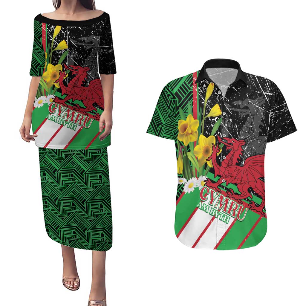 Wales Saint David's Day Couples Matching Puletasi and Hawaiian Shirt Cymru Am Byth Welsh Dragon - Wonder Print Shop