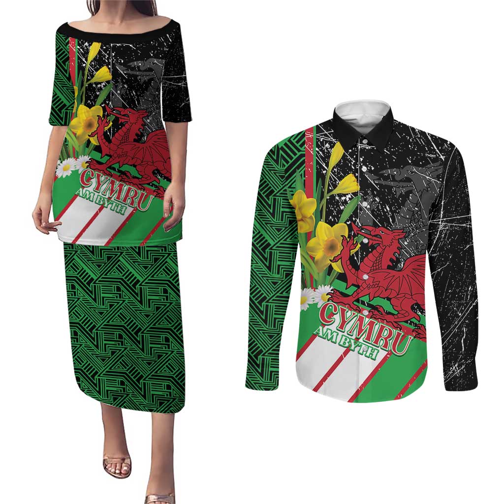 Wales Saint David's Day Couples Matching Puletasi and Long Sleeve Button Shirt Cymru Am Byth Welsh Dragon - Wonder Print Shop
