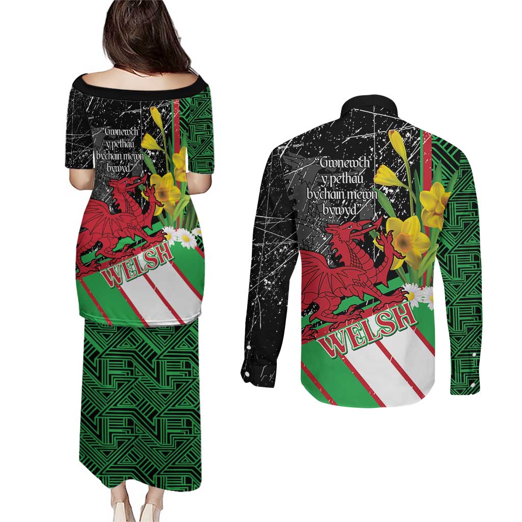 Wales Saint David's Day Couples Matching Puletasi and Long Sleeve Button Shirt Cymru Am Byth Welsh Dragon - Wonder Print Shop