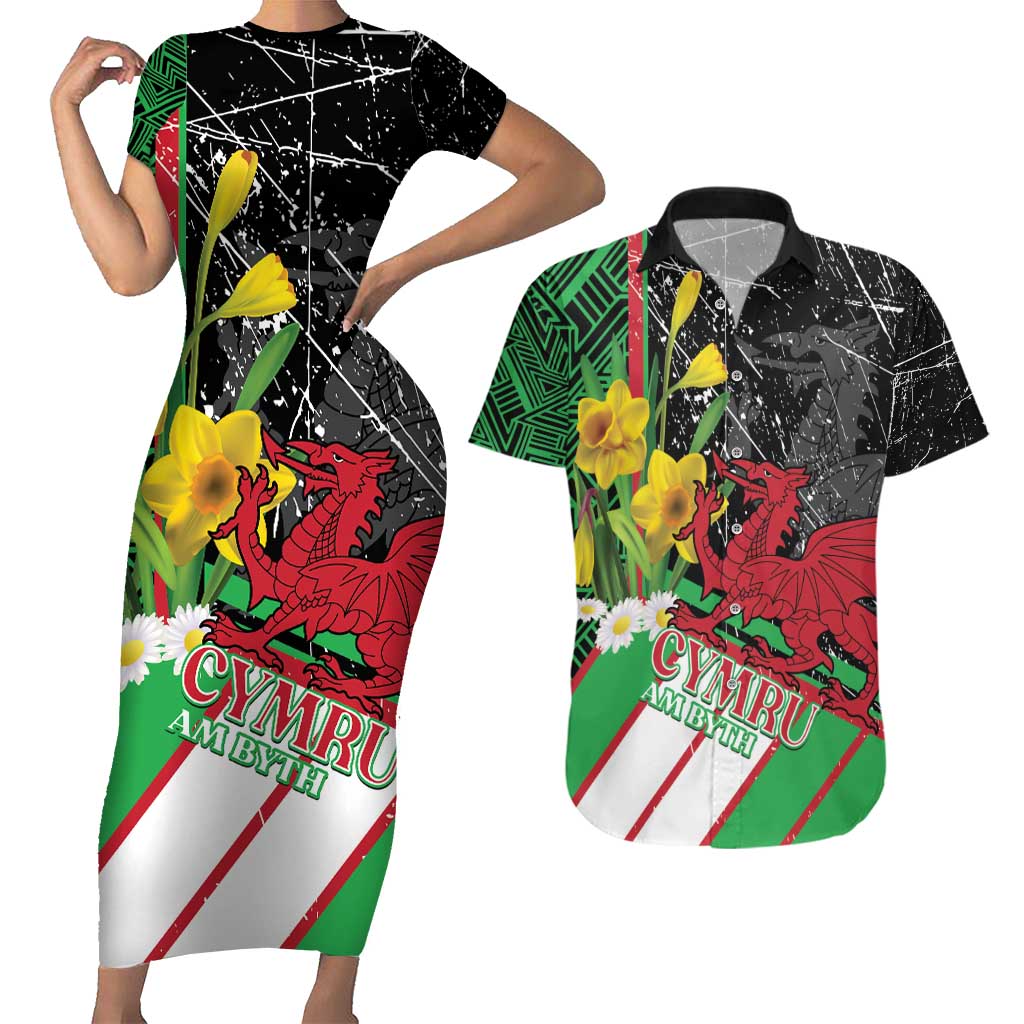 Wales Saint David's Day Couples Matching Short Sleeve Bodycon Dress and Hawaiian Shirt Cymru Am Byth Welsh Dragon - Wonder Print Shop