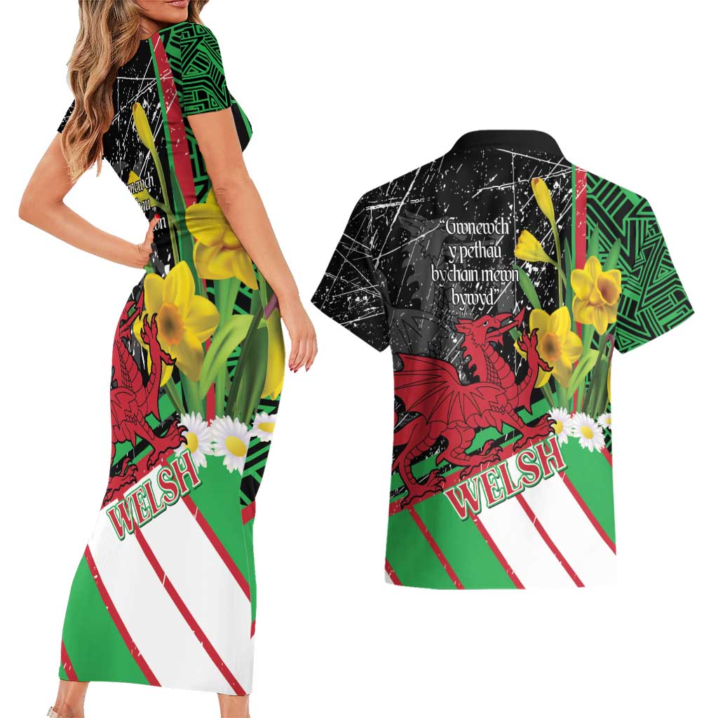 Wales Saint David's Day Couples Matching Short Sleeve Bodycon Dress and Hawaiian Shirt Cymru Am Byth Welsh Dragon - Wonder Print Shop