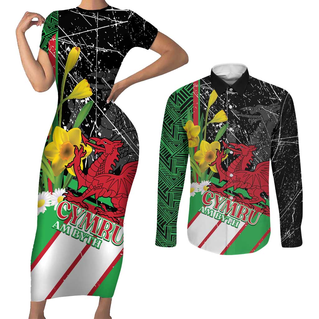 Wales Saint David's Day Couples Matching Short Sleeve Bodycon Dress and Long Sleeve Button Shirt Cymru Am Byth Welsh Dragon - Wonder Print Shop