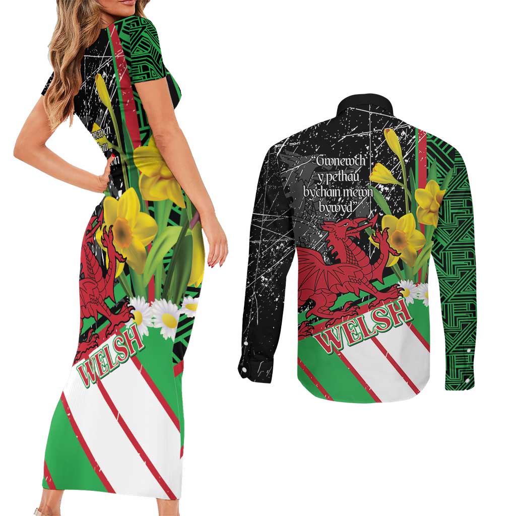 Wales Saint David's Day Couples Matching Short Sleeve Bodycon Dress and Long Sleeve Button Shirt Cymru Am Byth Welsh Dragon - Wonder Print Shop