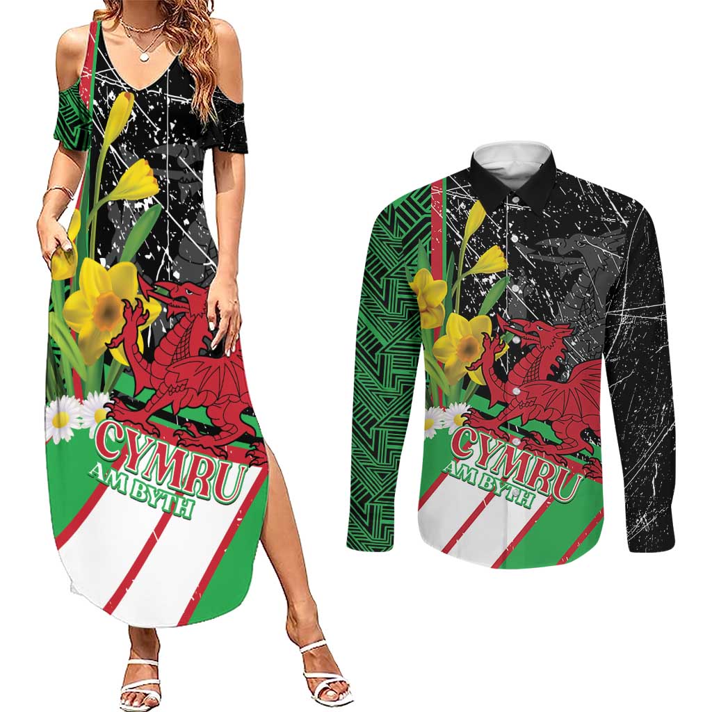 Wales Saint David's Day Couples Matching Summer Maxi Dress and Long Sleeve Button Shirt Cymru Am Byth Welsh Dragon - Wonder Print Shop