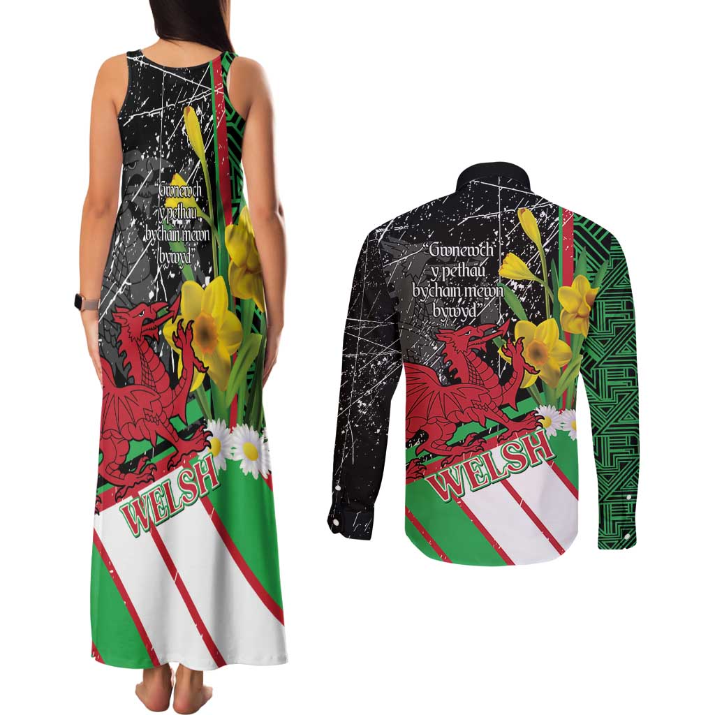 Wales Saint David's Day Couples Matching Tank Maxi Dress and Long Sleeve Button Shirt Cymru Am Byth Welsh Dragon - Wonder Print Shop