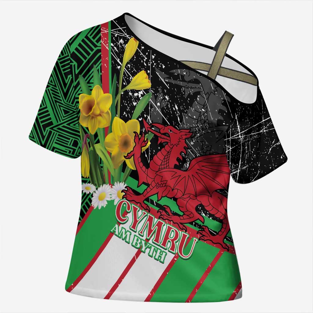 Wales Saint David's Day Cross Shoulder Shirt Cymru Am Byth Welsh Dragon - Wonder Print Shop