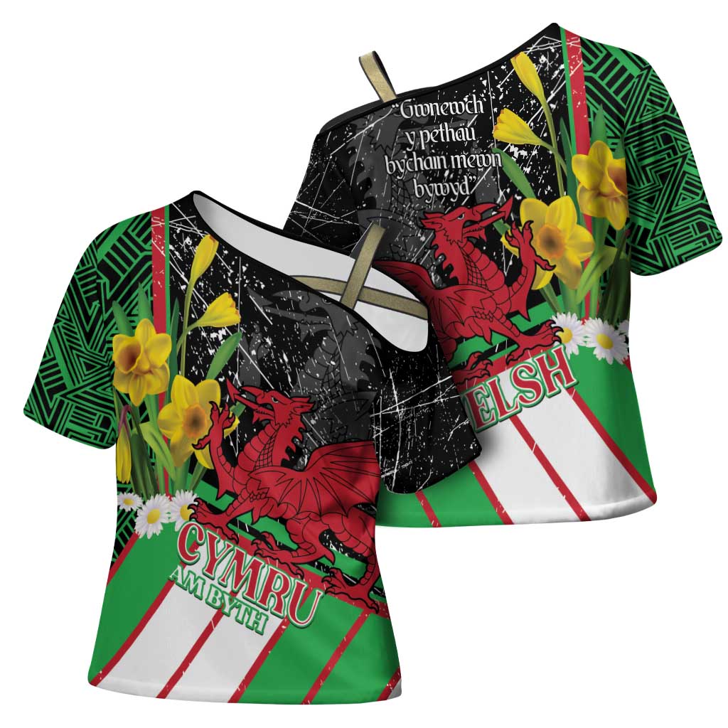 Wales Saint David's Day Cross Shoulder Shirt Cymru Am Byth Welsh Dragon - Wonder Print Shop