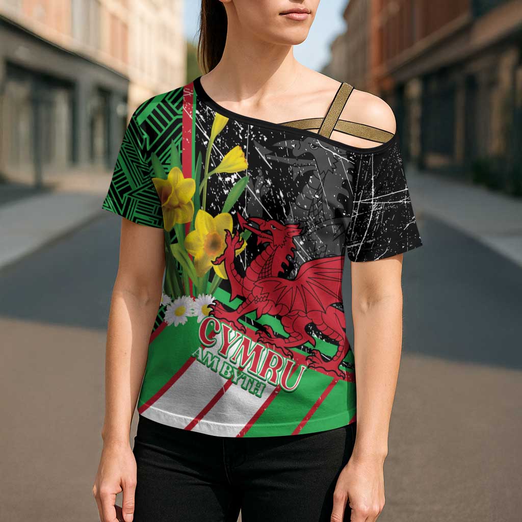 Wales Saint David's Day Cross Shoulder Shirt Cymru Am Byth Welsh Dragon - Wonder Print Shop