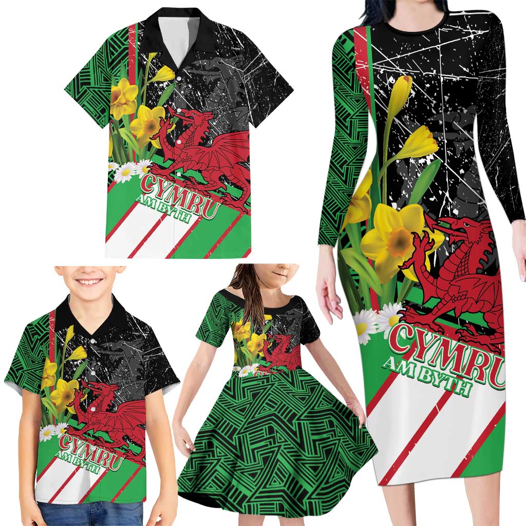 Wales Saint David's Day Family Matching Long Sleeve Bodycon Dress and Hawaiian Shirt Cymru Am Byth Welsh Dragon - Wonder Print Shop
