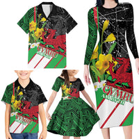 Wales Saint David's Day Family Matching Long Sleeve Bodycon Dress and Hawaiian Shirt Cymru Am Byth Welsh Dragon - Wonder Print Shop