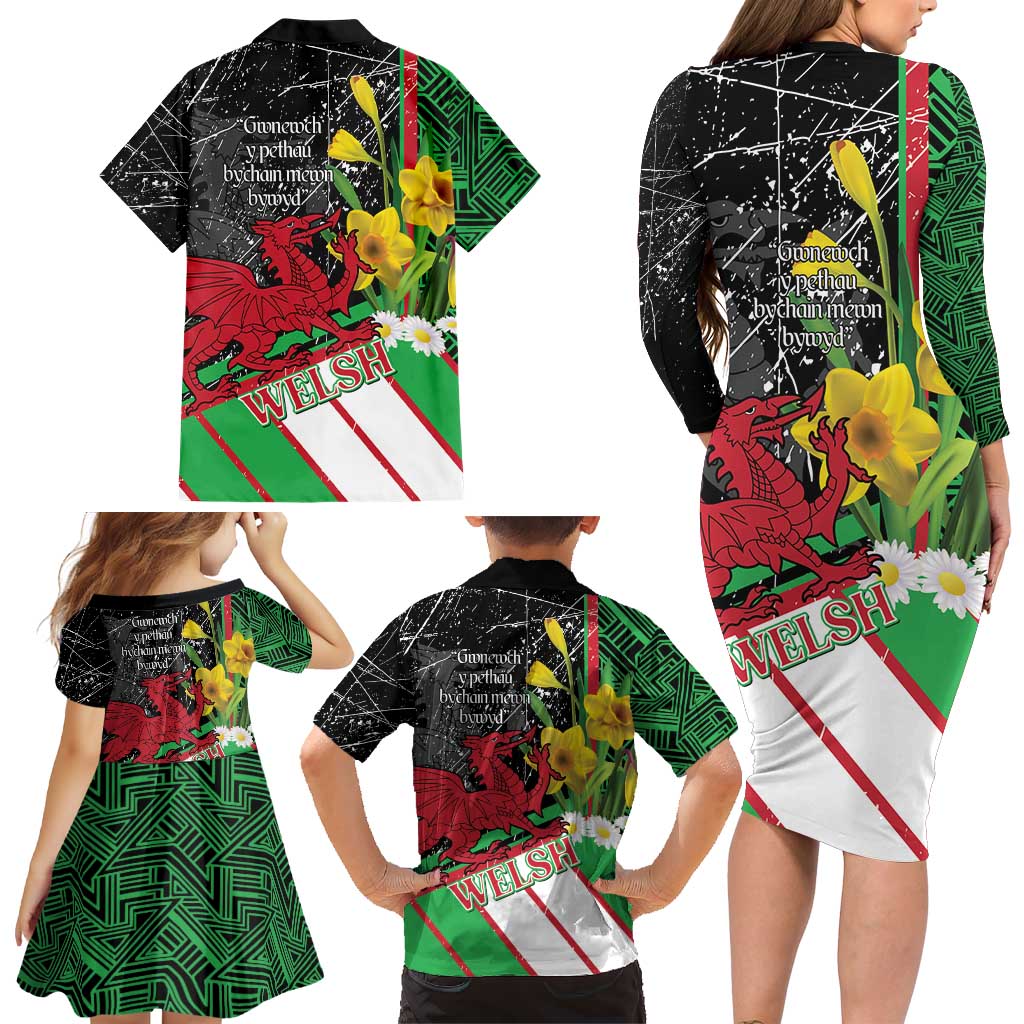 Wales Saint David's Day Family Matching Long Sleeve Bodycon Dress and Hawaiian Shirt Cymru Am Byth Welsh Dragon - Wonder Print Shop