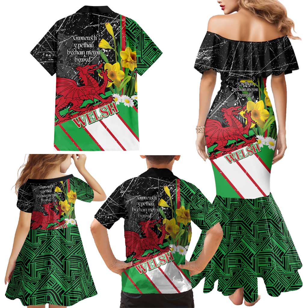 Wales Saint David's Day Family Matching Mermaid Dress and Hawaiian Shirt Cymru Am Byth Welsh Dragon - Wonder Print Shop