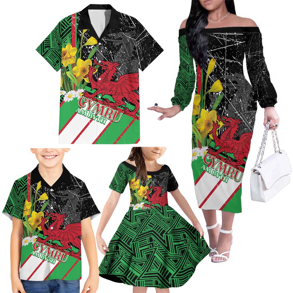 Wales Saint David's Day Family Matching Off The Shoulder Long Sleeve Dress and Hawaiian Shirt Cymru Am Byth Welsh Dragon - Wonder Print Shop