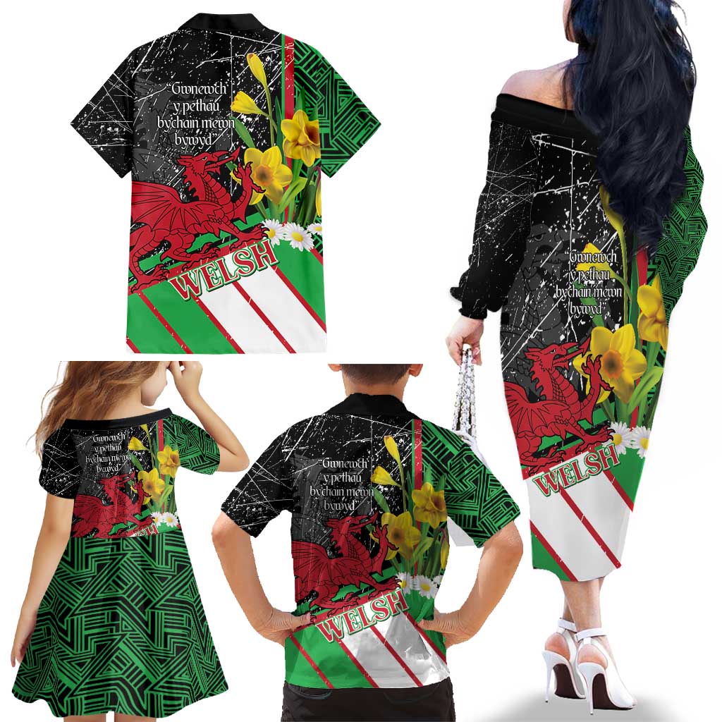 Wales Saint David's Day Family Matching Off The Shoulder Long Sleeve Dress and Hawaiian Shirt Cymru Am Byth Welsh Dragon - Wonder Print Shop