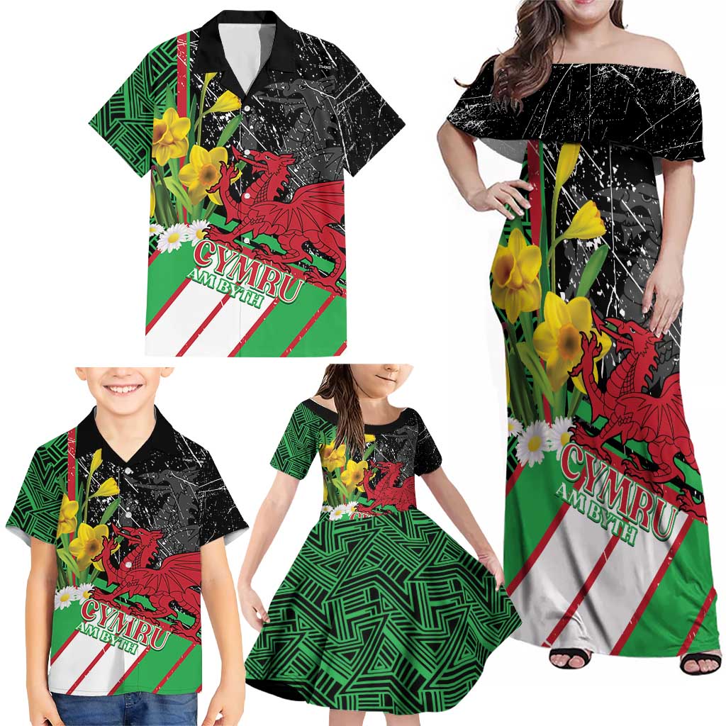 Wales Saint David's Day Family Matching Off Shoulder Maxi Dress and Hawaiian Shirt Cymru Am Byth Welsh Dragon - Wonder Print Shop
