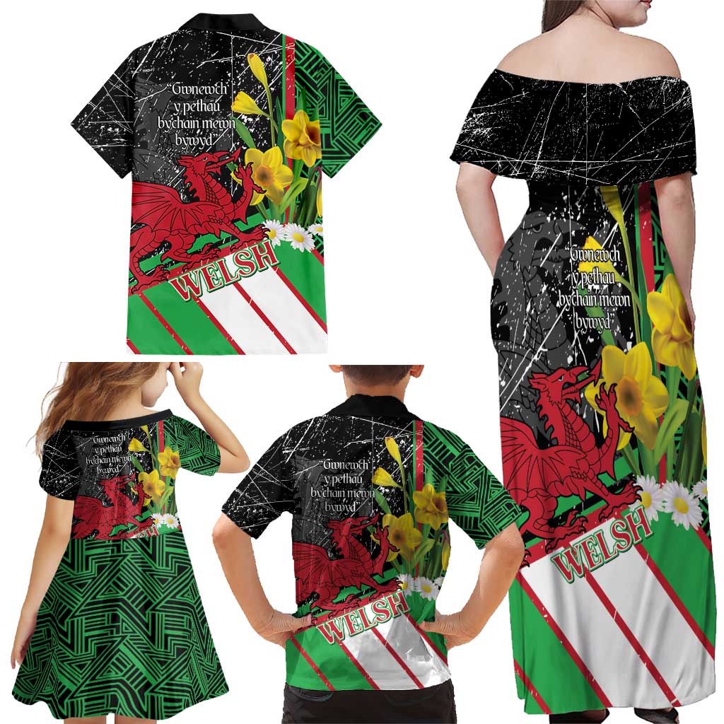 Wales Saint David's Day Family Matching Off Shoulder Maxi Dress and Hawaiian Shirt Cymru Am Byth Welsh Dragon - Wonder Print Shop