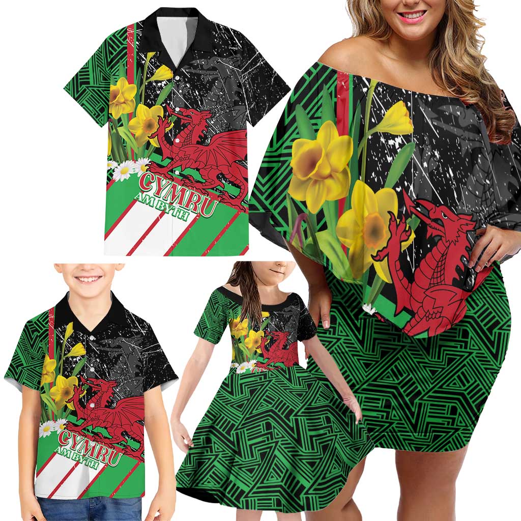 Wales Saint David's Day Family Matching Off Shoulder Short Dress and Hawaiian Shirt Cymru Am Byth Welsh Dragon - Wonder Print Shop