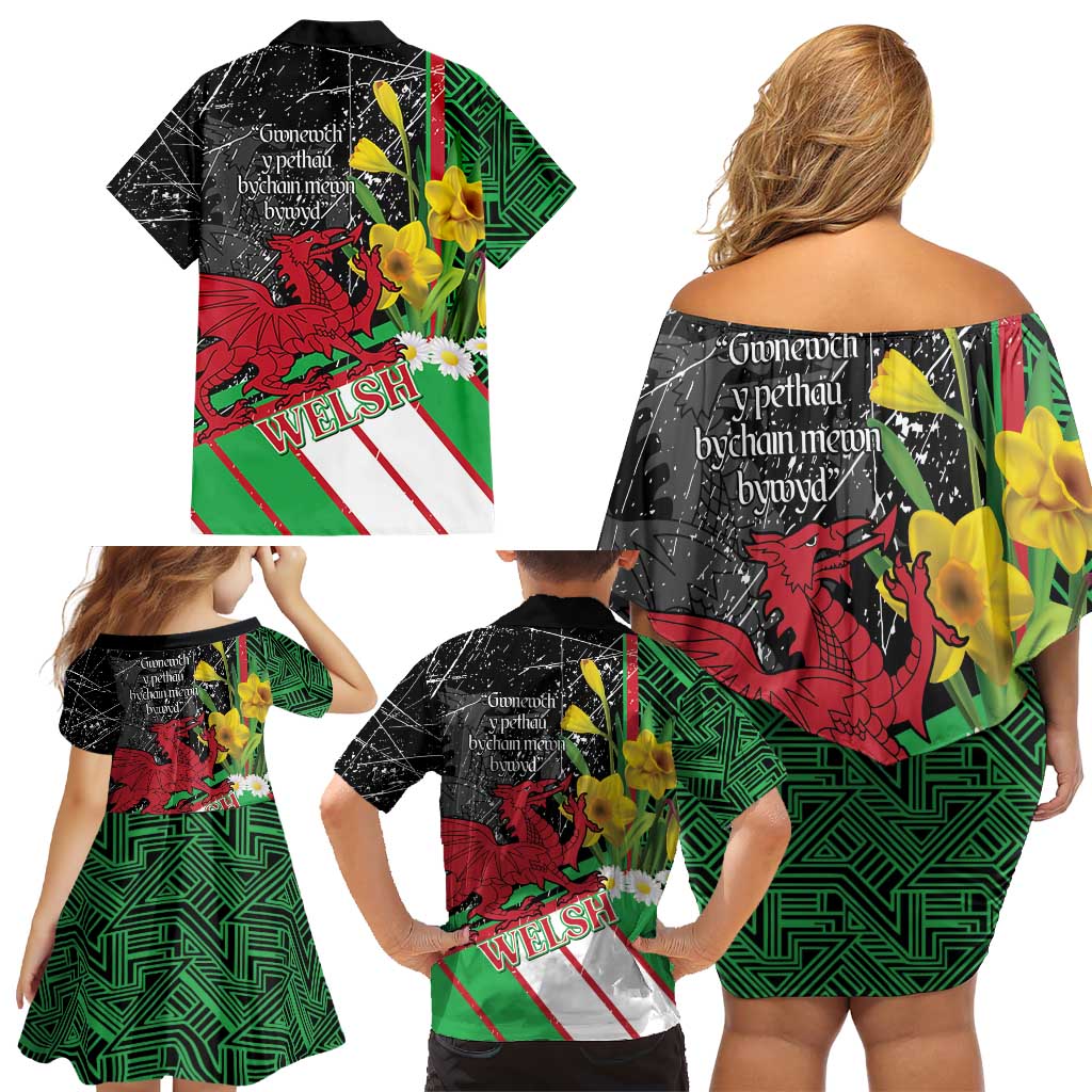 Wales Saint David's Day Family Matching Off Shoulder Short Dress and Hawaiian Shirt Cymru Am Byth Welsh Dragon - Wonder Print Shop