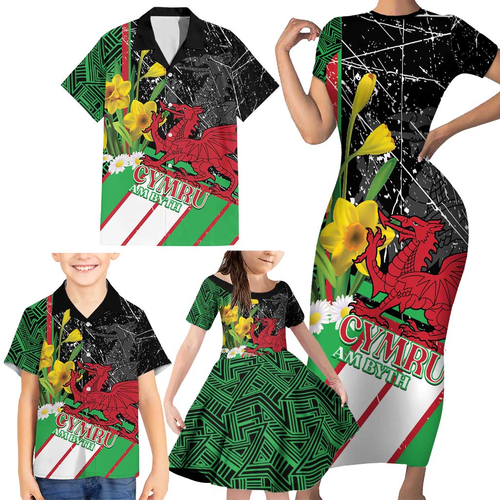 Wales Saint David's Day Family Matching Short Sleeve Bodycon Dress and Hawaiian Shirt Cymru Am Byth Welsh Dragon - Wonder Print Shop