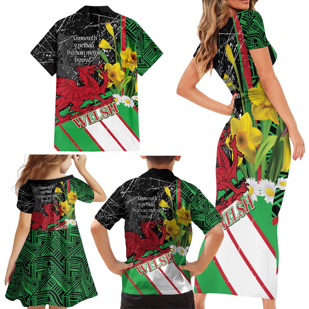 Wales Saint David's Day Family Matching Short Sleeve Bodycon Dress and Hawaiian Shirt Cymru Am Byth Welsh Dragon - Wonder Print Shop