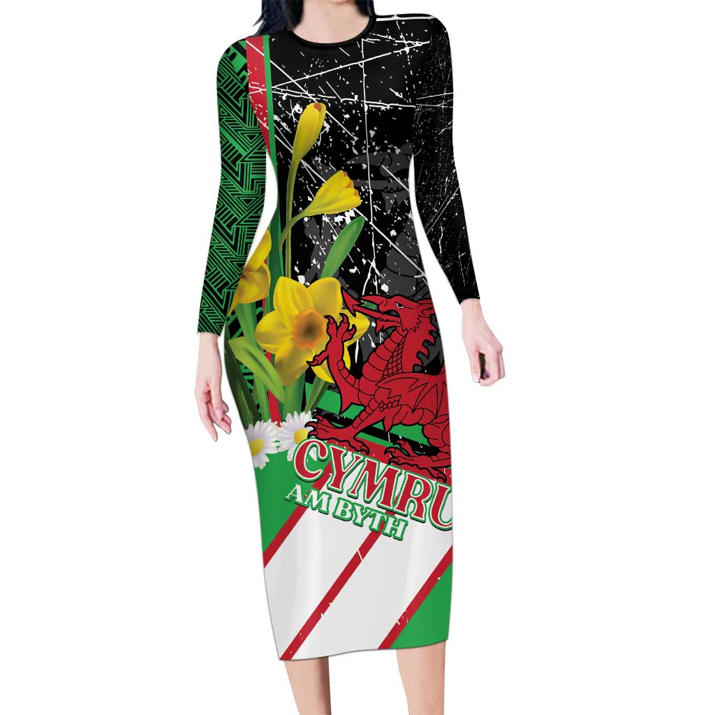 Wales Saint David's Day Long Sleeve Bodycon Dress Cymru Am Byth Welsh Dragon - Wonder Print Shop