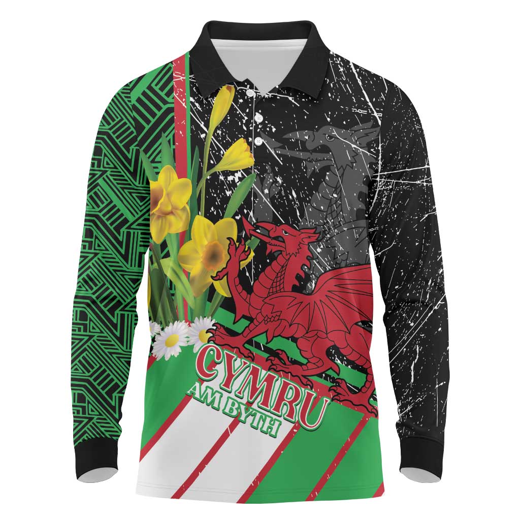 Wales Saint David's Day Long Sleeve Polo Shirt Cymru Am Byth Welsh Dragon - Wonder Print Shop