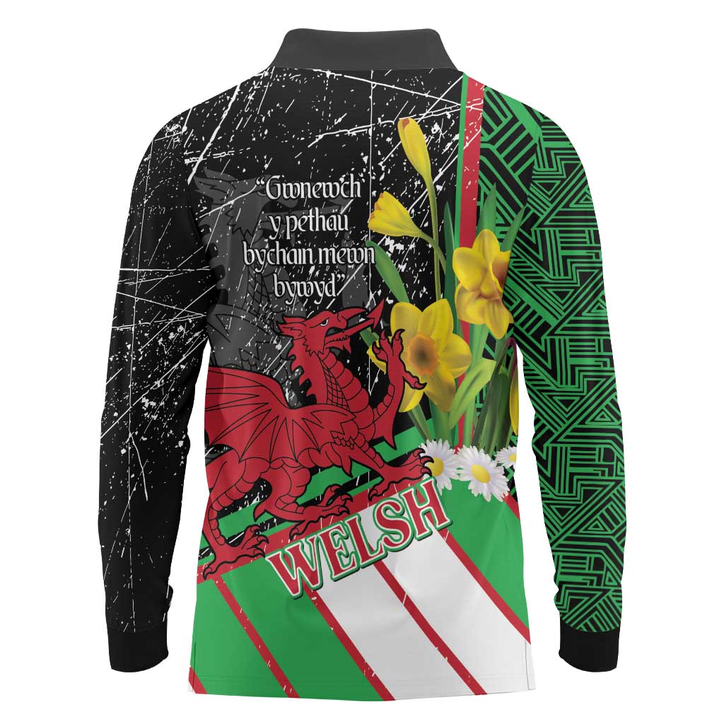 Wales Saint David's Day Long Sleeve Polo Shirt Cymru Am Byth Welsh Dragon - Wonder Print Shop