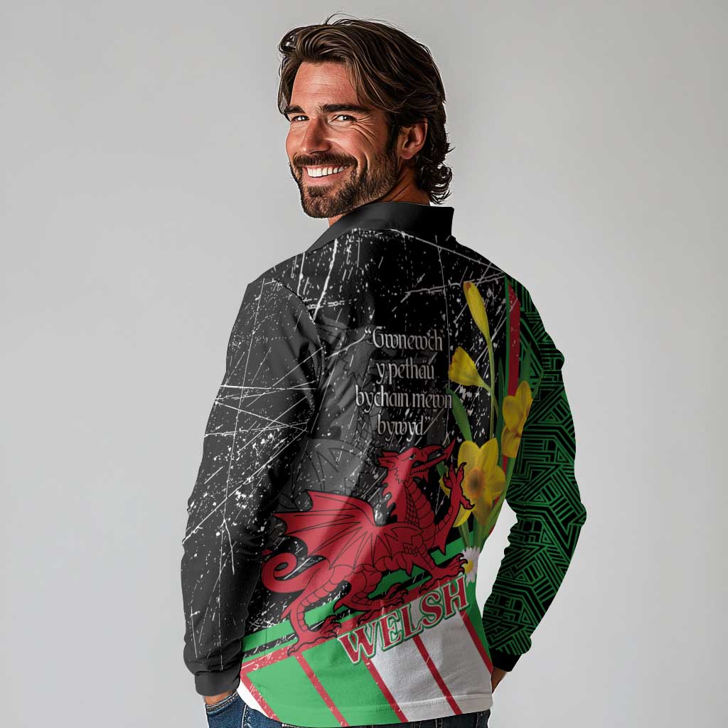 Wales Saint David's Day Long Sleeve Polo Shirt Cymru Am Byth Welsh Dragon - Wonder Print Shop