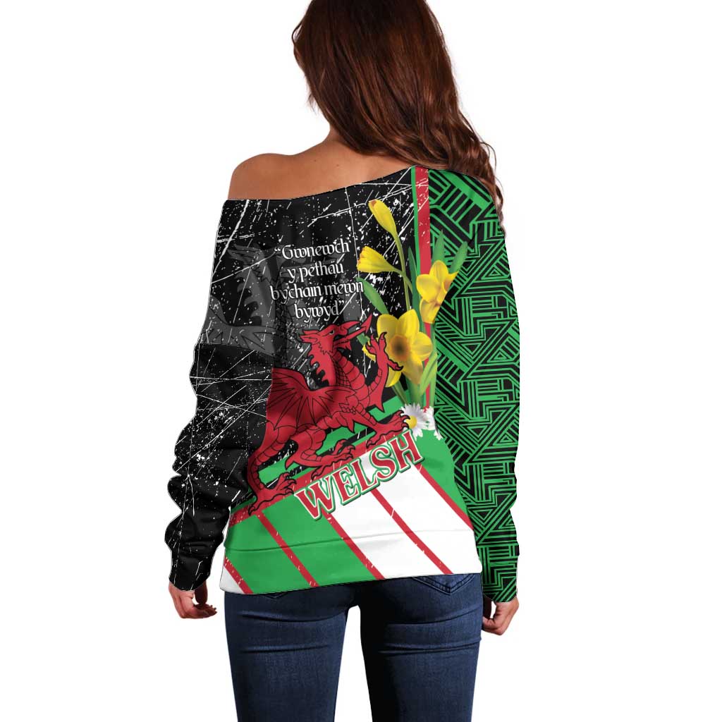 Wales Saint David's Day Off Shoulder Sweater Cymru Am Byth Welsh Dragon - Wonder Print Shop