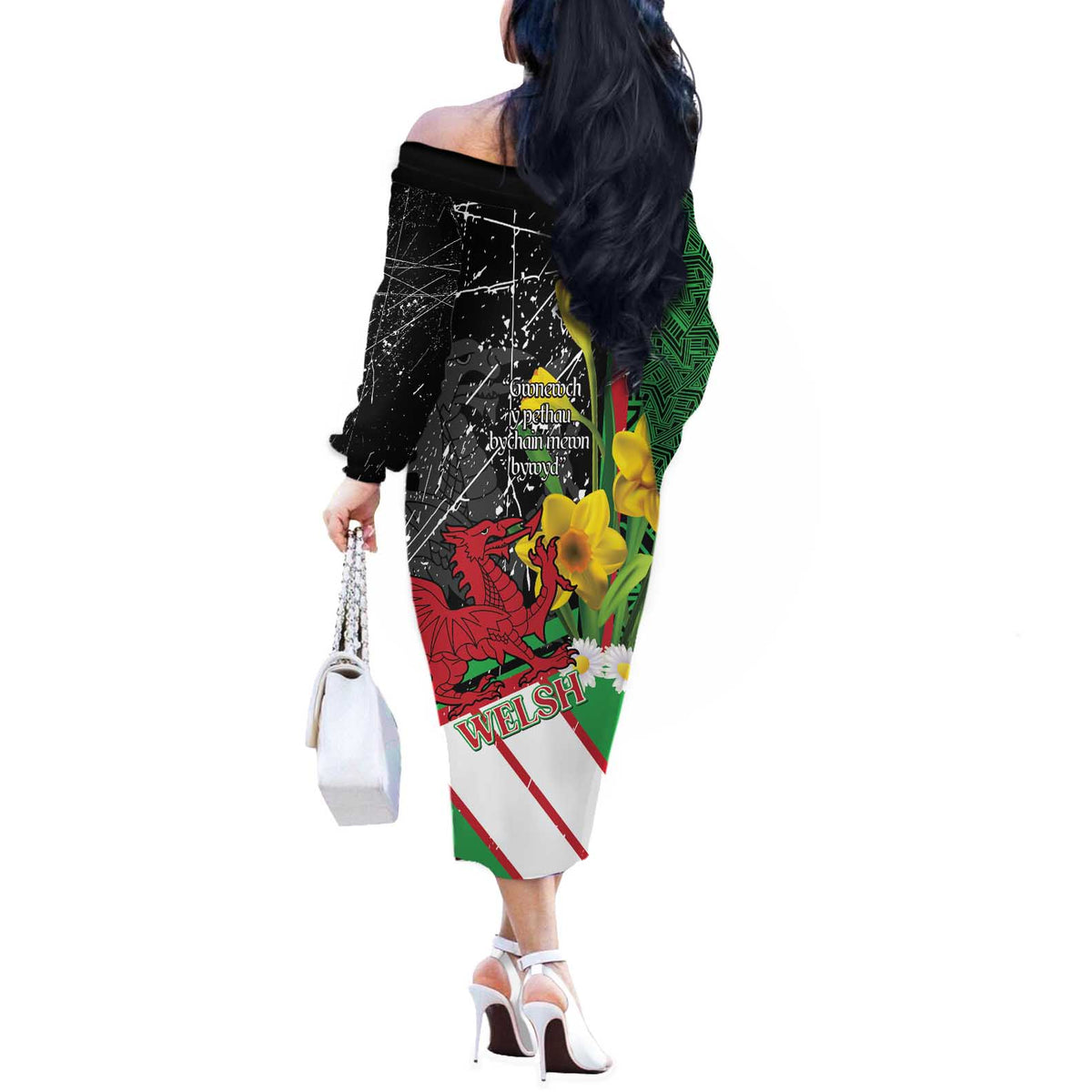 Wales Saint David's Day Off The Shoulder Long Sleeve Dress Cymru Am Byth Welsh Dragon - Wonder Print Shop