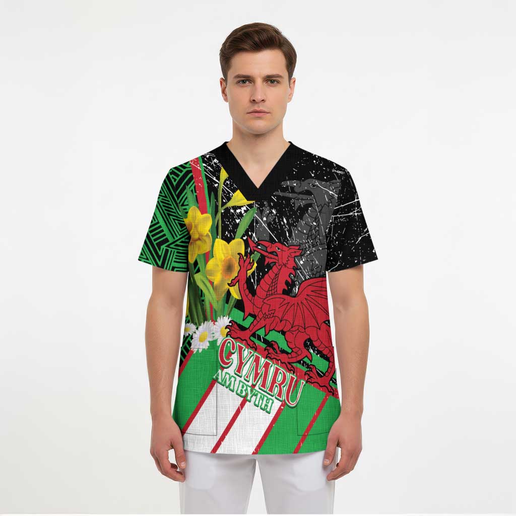 Wales Saint David's Day Scrub Top Cymru Am Byth Welsh Dragon - Wonder Print Shop