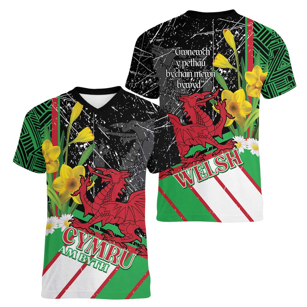 Wales Saint David's Day Women V-Neck T-Shirt Cymru Am Byth Welsh Dragon - Wonder Print Shop